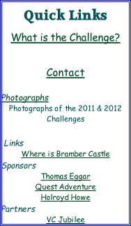 Quick Links  What is the Challenge?    Contact   Photographs Photographs of the 2011 & 2012 Challenges   Links Where is Bramber Castle Sponsors Thomas Eggar Quest Adventure Holroyd Howe Partners VC Jubilee